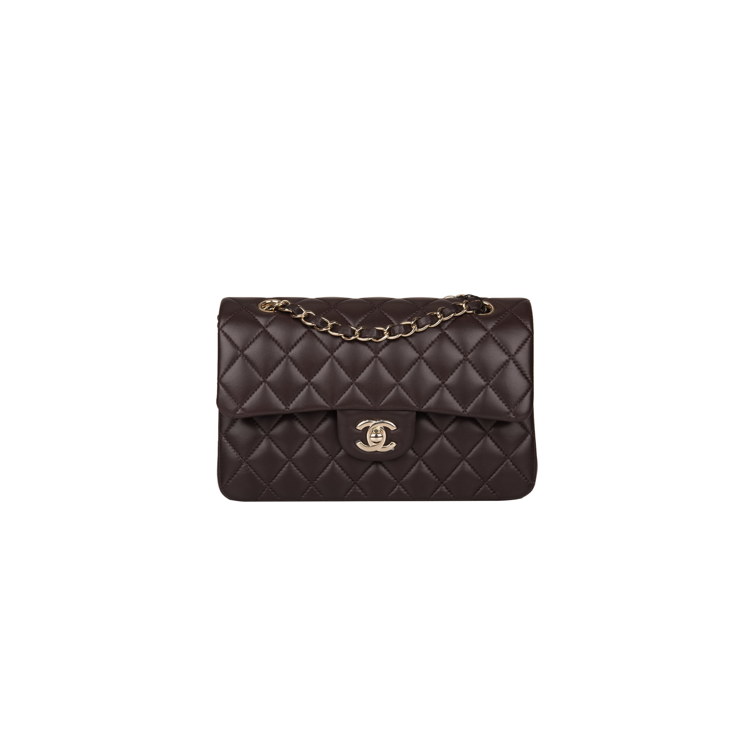 Ch*el classic double flap bag dark brown lambskin light gold hardware as1117 (23*14.5*6cm)